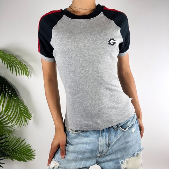 Vintage Y2K Georgia Bulldogs Gray Striped Raglan Fitted T-Shirt Baby Tee / Small - Picture 1 of 7